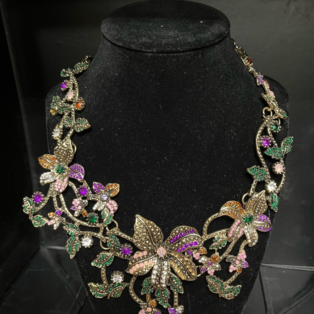 Floral Statement Necklace with Green and Purple Accents